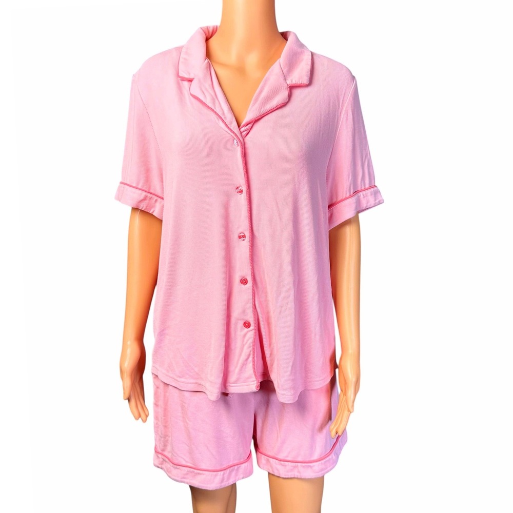 Cozy Earth Womens Bamboo Rib Knit Short Sleeve Pajama Set Tulip Peach Pink M NEW